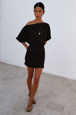 Black Dotted Print One Shoulder Mini Dress