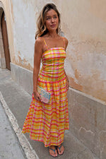 Yellow Pink Plaid Slip Midi Dress