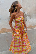 Yellow Pink Plaid Slip Midi Dress