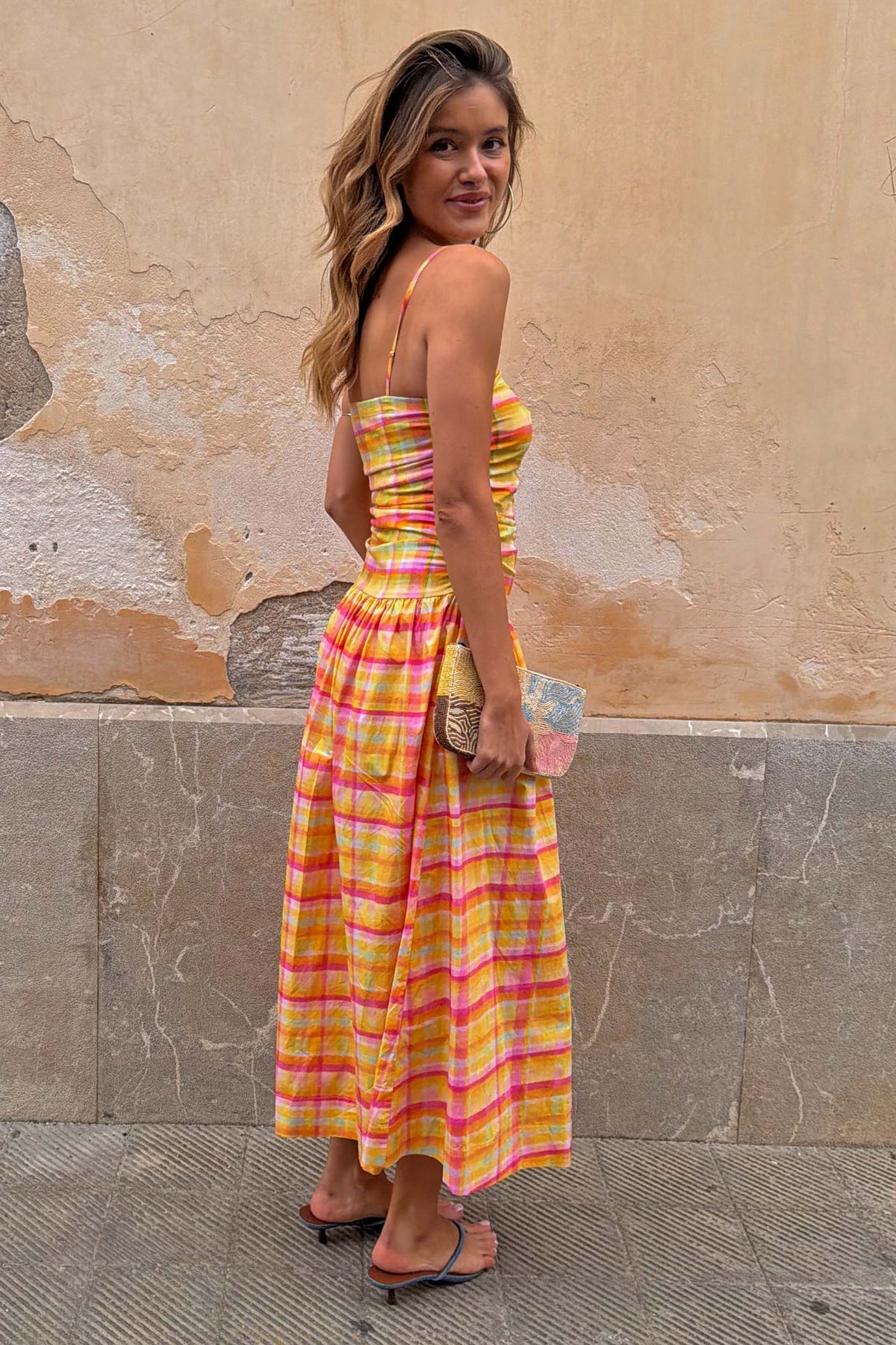 Yellow Pink Plaid Slip Midi Dress
