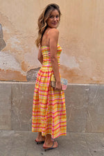 Yellow Pink Plaid Slip Midi Dress
