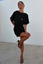 Black Dotted Print One Shoulder Mini Dress