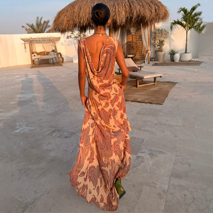 Paisley Print Drapery Back Maxi Dress