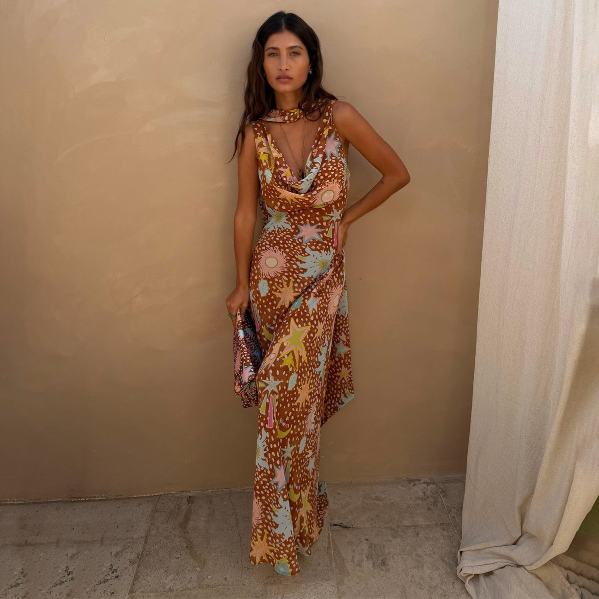 Star Print Halter Maxi Dress