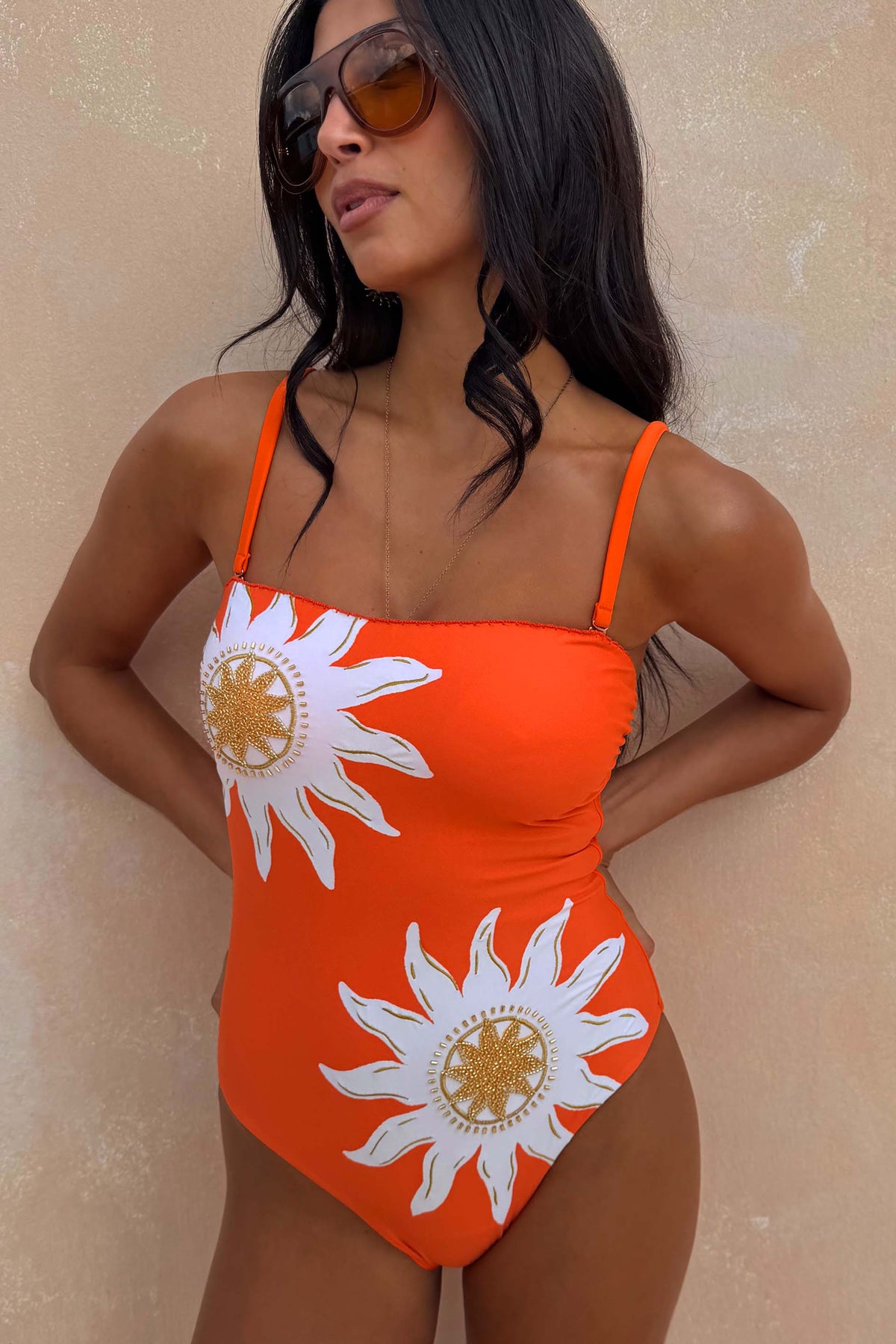 Orange Sun Print One Piece Swimsuit