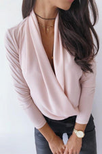 Solid Surplice Neck Chiffon Long Sleeve Blouse