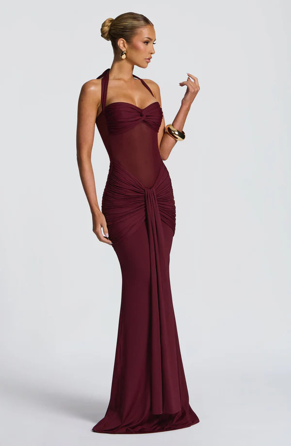 Halter Mesh Waist-Tie Maxi Dress