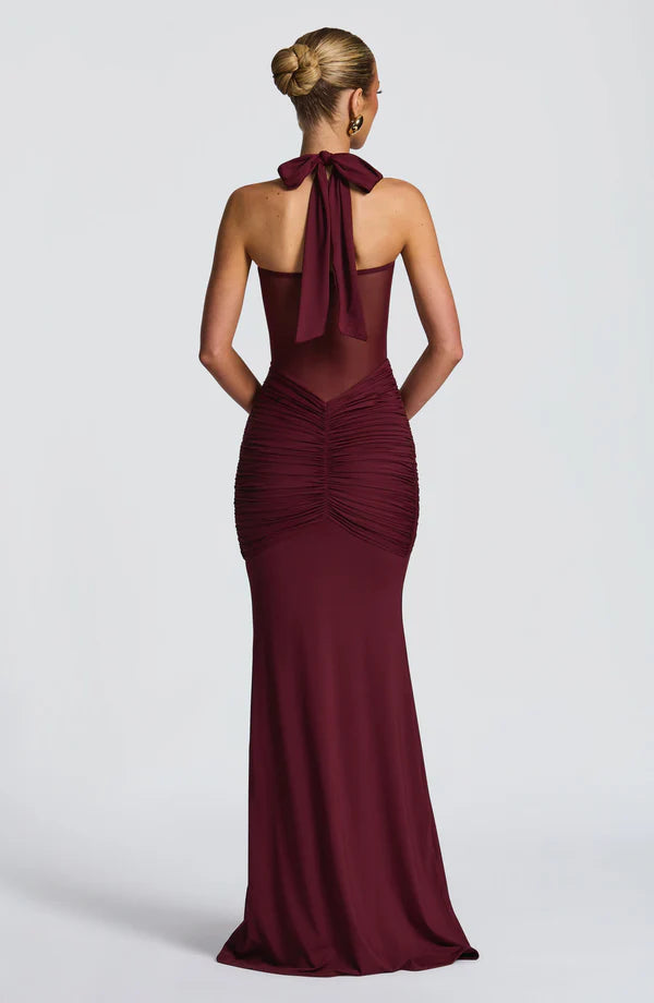 Halter Mesh Waist-Tie Maxi Dress
