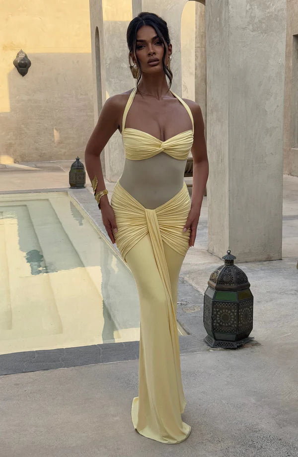 Halter Mesh Waist-Tie Maxi Dress