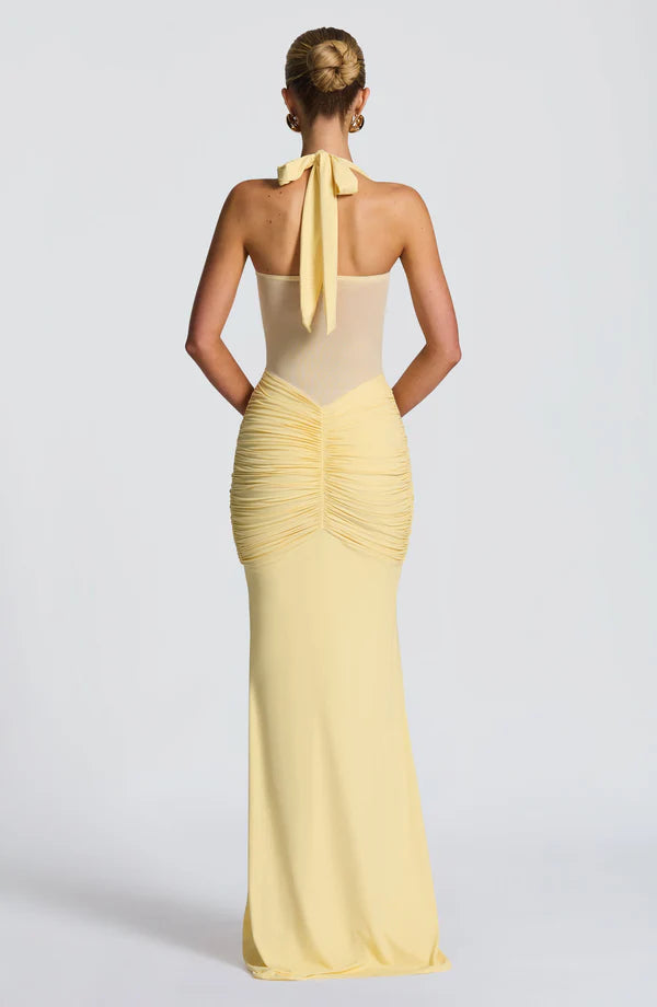 Halter Mesh Waist-Tie Maxi Dress