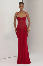 Halter Mesh Waist-Tie Maxi Dress